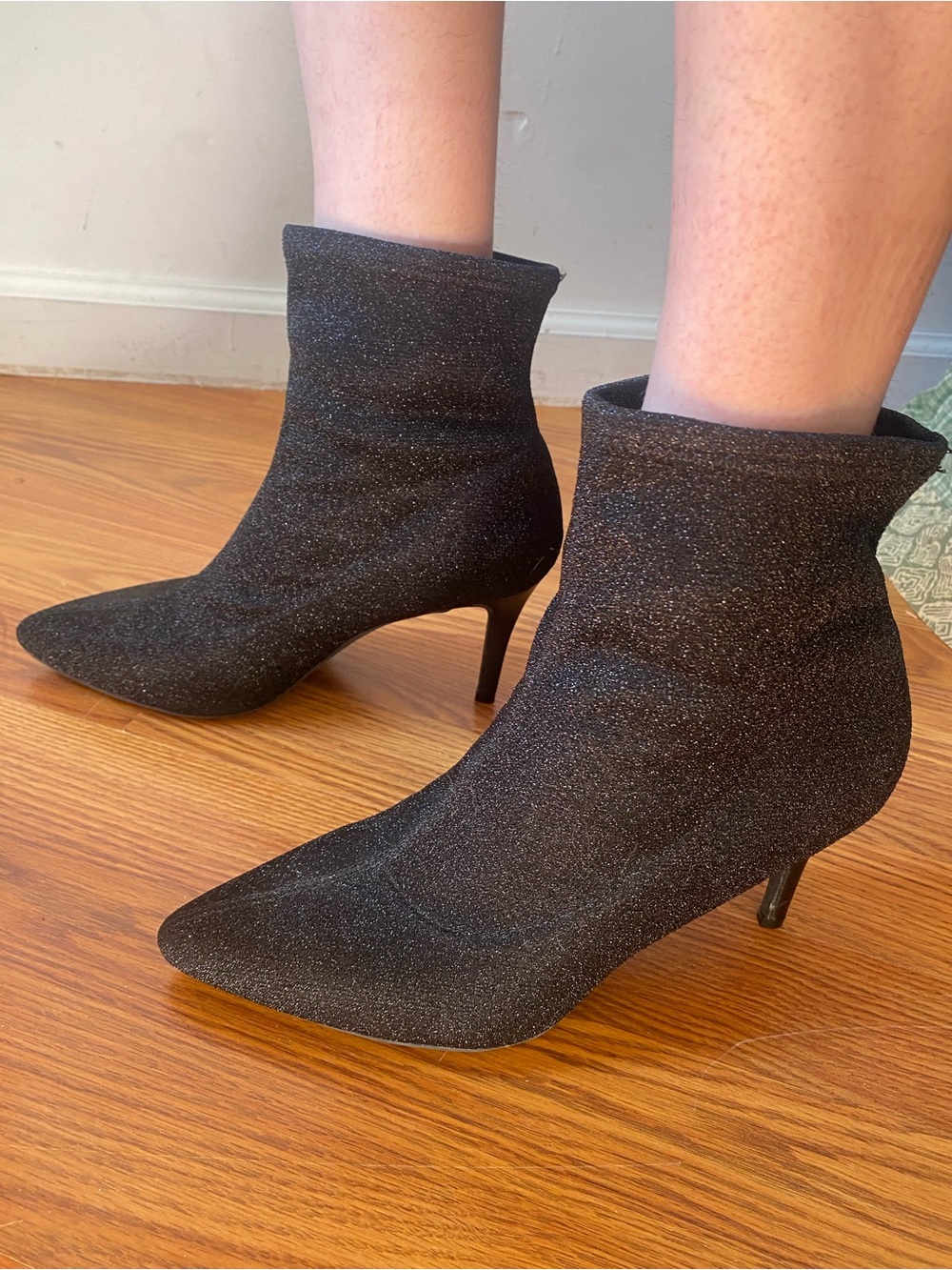 Jones New York Black Glitter Pointed-Toe Sock Ankle Boots